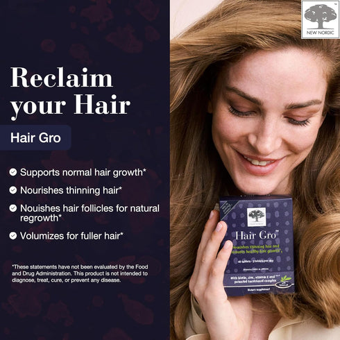 NEW NORDIC Hair GRO | Hair Growth Supplement Tablets | Biotin & Palm Fruit Extract for Natural Regrowth | 60 Count