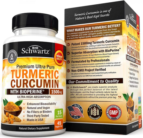 Turmeric Curcumin with Black Pepper Extract 1500mg - High Absorption Ultra Potent Supplement with 95% Curcuminoids - 45