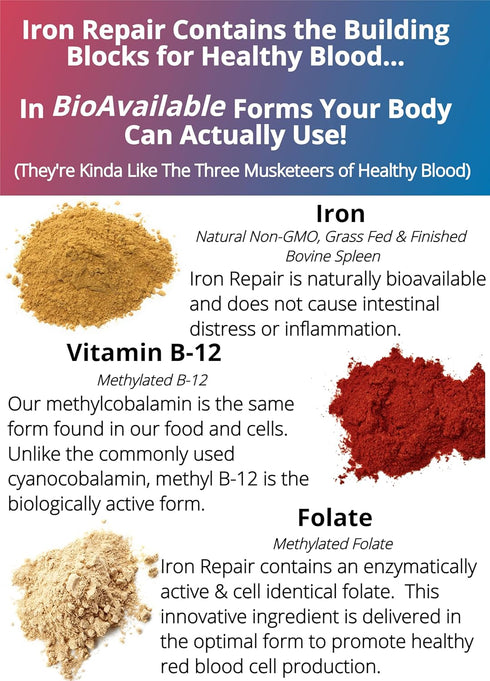 Iron Repair Plus Natural Iron Supplement - Best Absorption for Women, Men, Teens & Pregnancy with Methylated B-12, 90