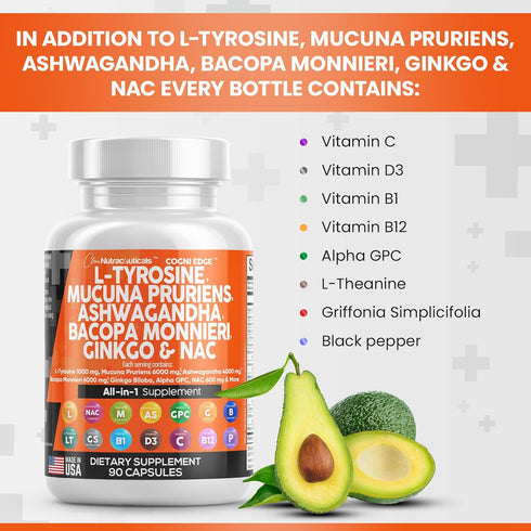 Clean Nutraceuticals L Tyrosine 1000mg, Mucuna Pruriens 6000mg, Focus Supplement with Ashwagandha, Ginkgo Biloba,
