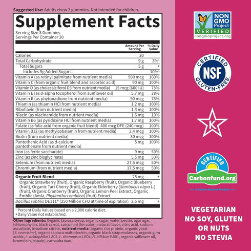 Women’s Multivitamin Gummy with Iron: Folate, Biotin, D3 & B12 for Hair, Skin & Nails + Probiotics for Immune Health & Digestion, Vitamin Code, Non-GMO, Gluten-Free, 90 Cherry Gummies, 30 Day Supply