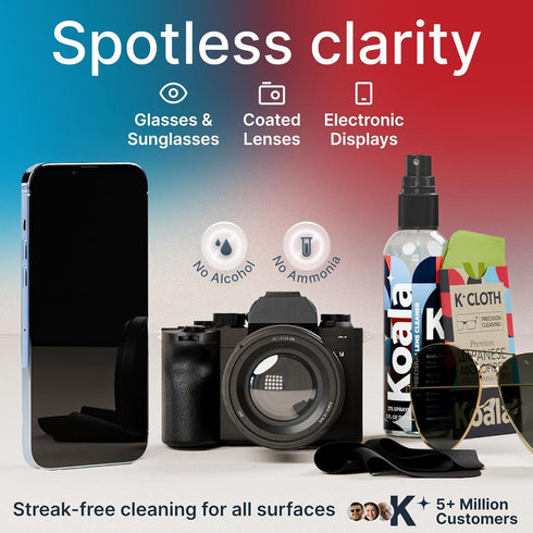 Koala Eyeglass Lens Cleaner Spray Kit, (2x) 8oz + (1x) 2oz Glasses Cleaner Bottle + (3x) Microfiber Cloth, 6 Piece Set