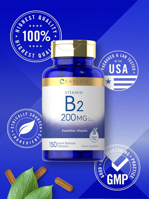 Carlyle Vitamin B-2, Riboflavin, 200mg, 150 Count, Vegetarian, Non-GMO & Gluten Free Essential Supplement