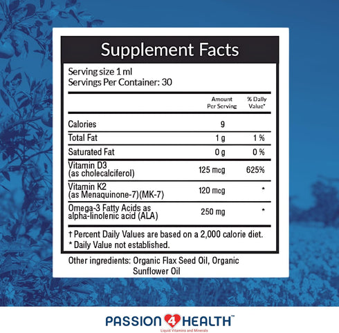 Passion 4 Health Organic Liquid Vitamin D3 K2 + Omega 3 Supplement, 5000IU Liquid Vitamin D Drops
