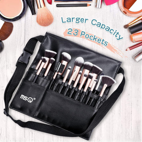 MSQ 23 Pockets Professional Makeup Brush Bag, Adjustable PU Leather Organizer with Artist Belt Strap