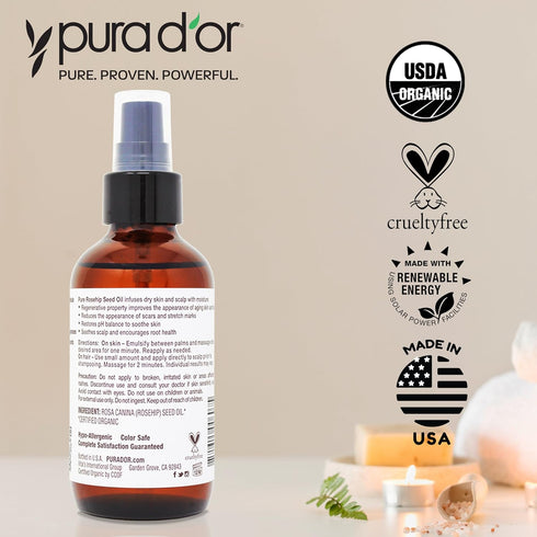 PURA D'OR 4 Oz Organic Rosehip Seed Oil Hair Relaxer, 100% Pure Cold Pressed