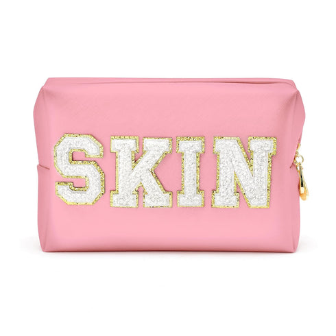 Y1tvei Preppy Patch Cosmetic Toiletry Bag, White Letter Pink, PU Leather, Portable Makeup Storage Pouch