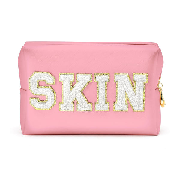 Y1tvei Preppy Patch Cosmetic Toiletry Bag, White Letter Pink, PU Leather, Portable Makeup Storage Pouch
