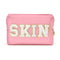 Y1tvei Preppy Patch Cosmetic Toiletry Bag, White Letter Pink, PU Leather, Portable Makeup Storage Pouch