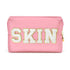 Y1tvei Preppy Patch Cosmetic Toiletry Bag, White Letter Pink, PU Leather, Portable Makeup Storage Pouch