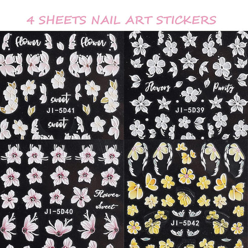 Flower Nail Art Stickers Decals - 5D Embossed Spring Design in Yellow, Pink, and White for Nail Decorations