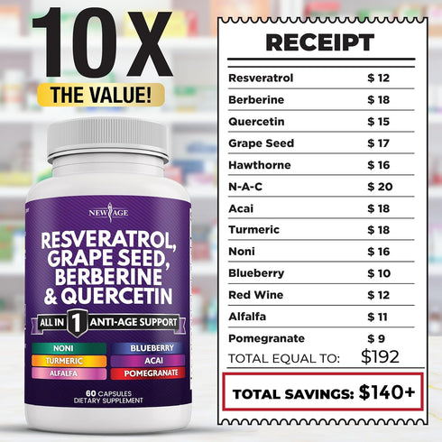 NEW AGE Resveratrol 6000mg, Berberine 3000mg, Grape Seed Extract 3000mg, Quercetin 4000mg - 180 Capsules Supplement