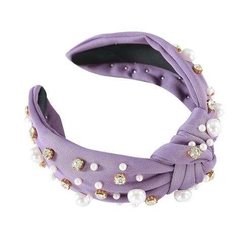 Pearl Knotted Headband, Sparkle Rhinestone Wide Knot Hairband for Women (Purple)
