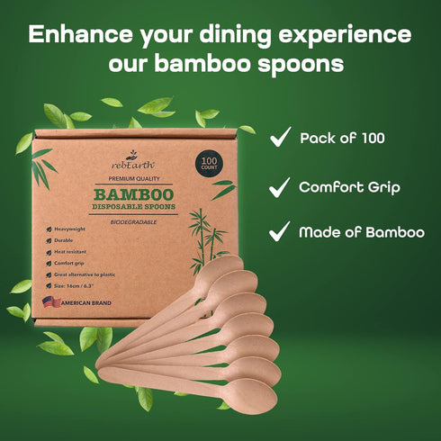 100 Count Eco-Friendly Heavyweight Bamboo Spoons 6" - Durable, Heat Resistant, Comfortable Alternative to Plastic