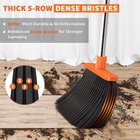 Set, 52" Upgraded Broom and Dustpan Long Handle Standing Combo with Self-Cleaning Teeth Perfect for Pet Hair, Kitchen