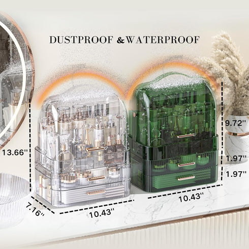 LINFIDITE Large Makeup Organizer Box, Transparent Lid, Portable Handle, Waterproof Dustproof Skincare Display Case