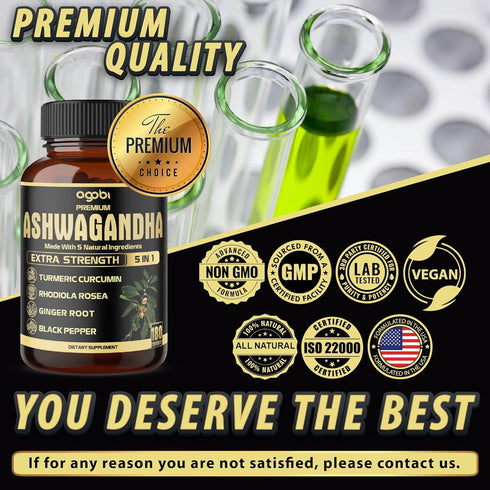5in1 Premium Ashwagandha Capsules with Turmeric, Rhodiola Rosea, Ginger, Black Pepper - 180 Caps for 6 Months