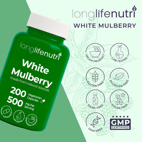 Mulberry 500mg Alba 200 200-Day White Leaf Extract - Sourced from Morus Leaf, Vegetarian Capsules, Supplement
