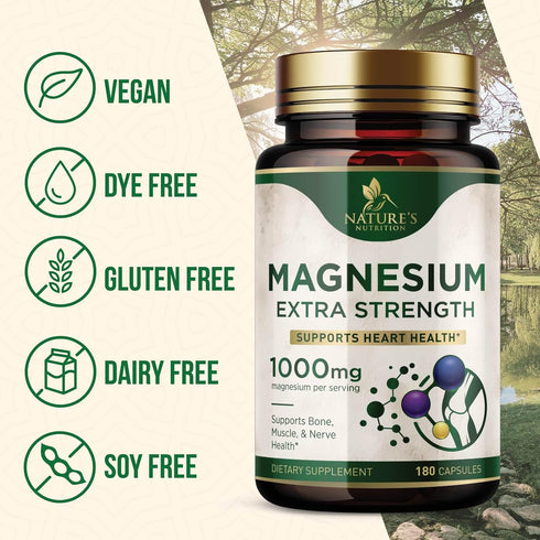 Magnesium Pills Extra Strength, 1000mg, Chelated for Ultra Absorption, 180 Capsules, Non-GMO
