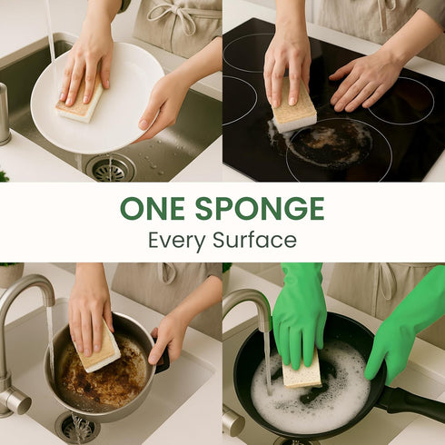 Pack 4 Natural Kitchen Sponges Eco-Friendly, Compostable Dish Sponges Loofah & Cellulose Scrubbers Plastic-Free