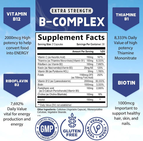 B Complex Vitamins with Vitamin B1 B2 B3 B6 B12 B100 C & Folic Acid - Supplement for Energy, Brain, & Immune Support - Super B Vitamin Complex for Women & Men, Made with Folate - 60 Vegan Capsules