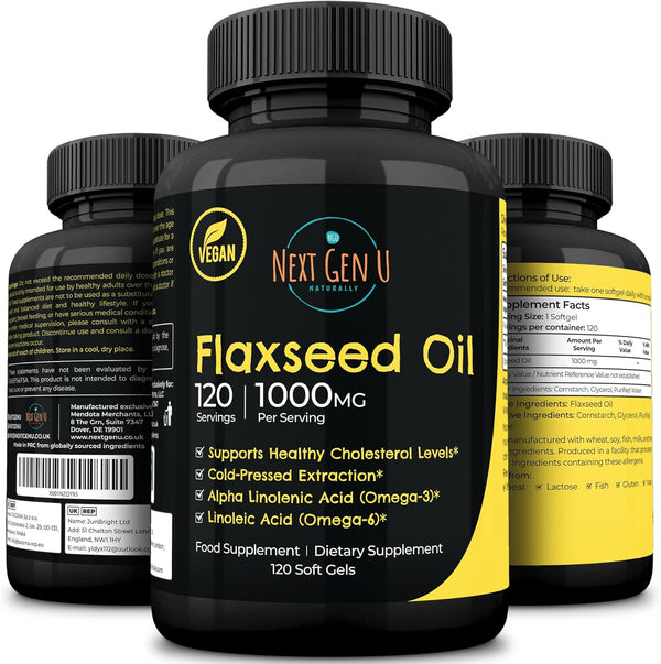 Next Gen U Flaxseed Oil w/Omega 3, 6, 9, Cold Pressed Dietary Supplement, 1000 mg, 120 Vegan Softgels