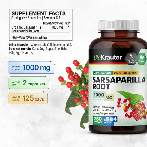 BIO KRAUTER Sarsaparilla Root Capsules, 1000 mg Strength, 250 Vegan Extract Caps, No Fillers