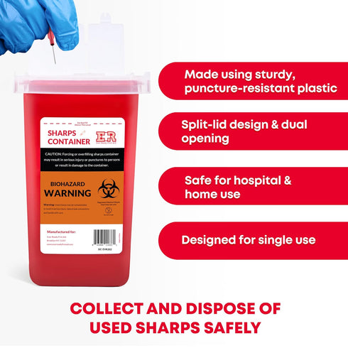 Ever Ready First Aid Sharps Container with Split Lid Design and Locking Mechanism for Sharp Waste Disposal, 1 Quart