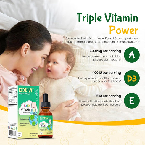 Immune 60 2oz Kiddivit Baby Vitamin A&D Liquid Drops with Vitamin E Gentle & Vision Support Supplement Daily Servings