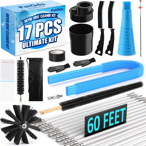 Dryer Vent Cleaner Kit, 17-Piece All-Round Cleaning Kit with 60 Feet Brush, Vacuum Cleaner Hose Attachment, Lint Trap