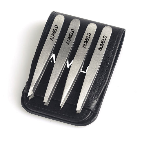 Tweezers Set 4-Piece Professional Stainless Steel - Gift with Travel Case by Aumelo, Best Precision Eyebrow Tweezer