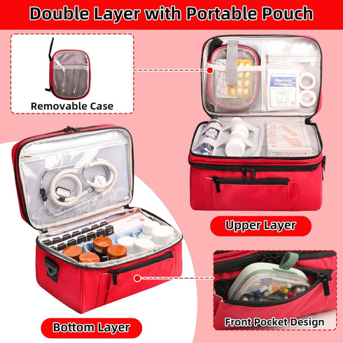 Tesuko Medicine Bag for Traveling with Portable Small Pouch, Double Layer Pill Bottle Organizer Storage Case