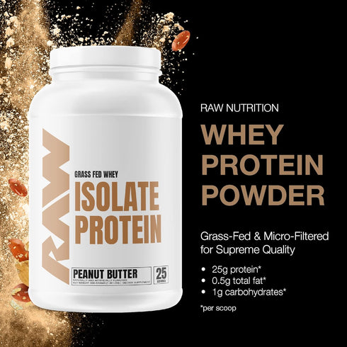 RAW Whey Isolate Protein Powder, Peanut Butter - 100% Grass-Fed for Muscle Growth & Recovery, 25 Servings