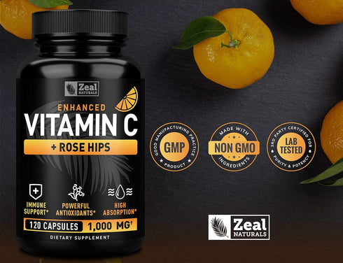 Vitamin C 1000mg with Rosehips, 120 Capsules - High Dose for Immune Support