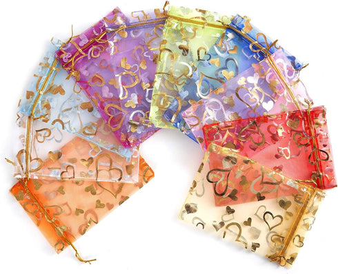 Volanic 100PCS 4X6 Inch Sheer Heart Organza Bags with Drawstring for Party Wedding Favor Gift Bag, 10 Colors Mix