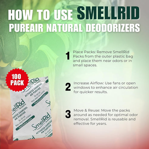 Activated Charcoal Odor Remover - 100 Pack, Mini 5g (2” x 2”) Pack Treats 2 Sq. Ft., Natural Odor Absorber