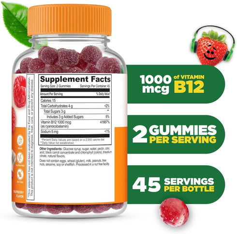 Lifeable Vitamin B12 for Kids, 1000 mcg Gummies, Gluten Free, Vegan B12 Vitamins for Energy, Mood, Nervous System