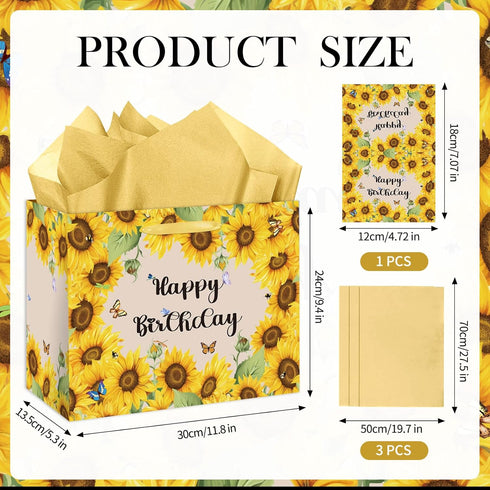 HSKMAKE Sunflower Birthday Gift Bag Yellow Sunflower Paper Bag with Card Yellow Tissue Paper Sunflower Wrapping Paper