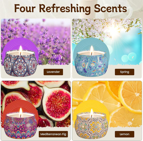 TranquilBliss Set, 4 Pack 120H Scented Candle Soy Wax Candles, Burn Time, Ideal Gifts for Women, Birthday Presents