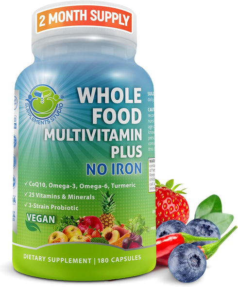 Vegan Whole Food Multivitamin Without Iron, Daily Multivitamin for Women and Men, Made with Fruits & Vegetables, 180