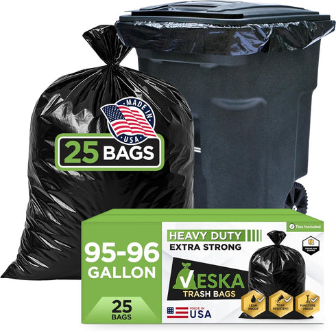 Veska 95-96 Gallon Trash Bags Heavy Duty, (ValuePack 25 Bags w/Ties) 100 Gallon