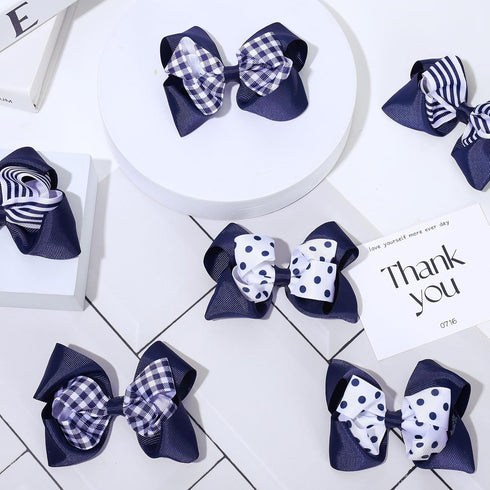 Whaline 6Pcs Back to School Uniform Hair Bow Clips, Navy Blue Plaid Stripe Dot Barrettes for School Hair Accessories