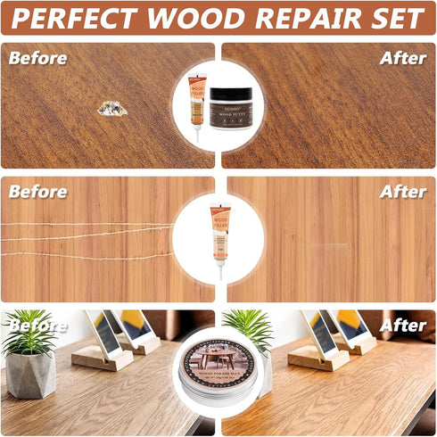 Natural Oak Wood Furniture Repair Kit - 6 Colors Wood Filler with Wood Putty, Polish Wax for Tables, Doors, Floors,