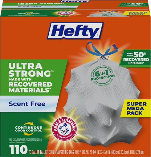 Hefty Ultra Strong Tall Kitchen Trash Bags | 13 Gallon | Gray | Clean Burst | 110 Count | Made with 50% Recovered