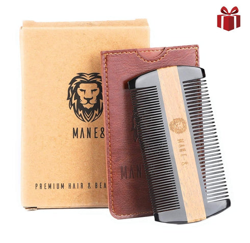 Premium Natural Ox Horn and Sandalwood Beard Comb, Dual-Action, Double Sided with Brown Protective Case