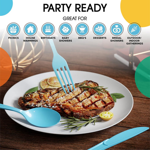 50 Pcs Heavy Duty Light Blue Disposable Plastic Spoons, Light Blue Plastic Cutlery