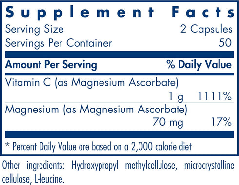 Allergy Research Group Magnesium Ascorbate Supplement - 1000mg Buffered Vitamin C, Immune Support, Magnesium Powder, Vegetarian Capsules - 100 Count