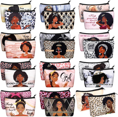 24 Pcs Black Woman Makeup Bag, African American Toiletry Bag, Zipper Cosmetic Pouch, Inspirational Gifts