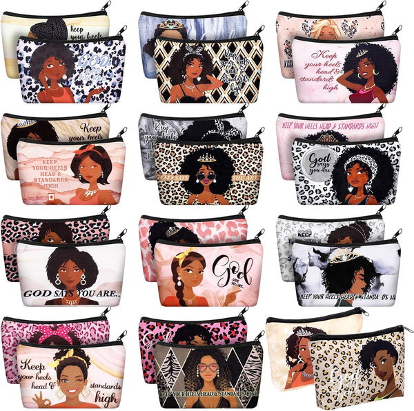 24 Pcs Black Woman Makeup Bag, African American Toiletry Bag, Zipper Cosmetic Pouch, Inspirational Gifts