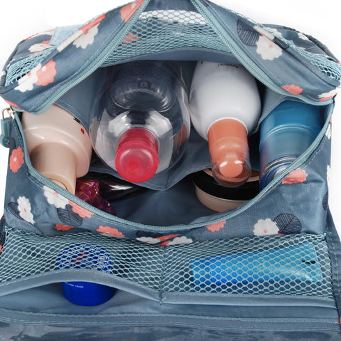 Narwey Hanging Toiletry Bag for Women, Travel Makeup Organizer for Toiletries, Blue Flower